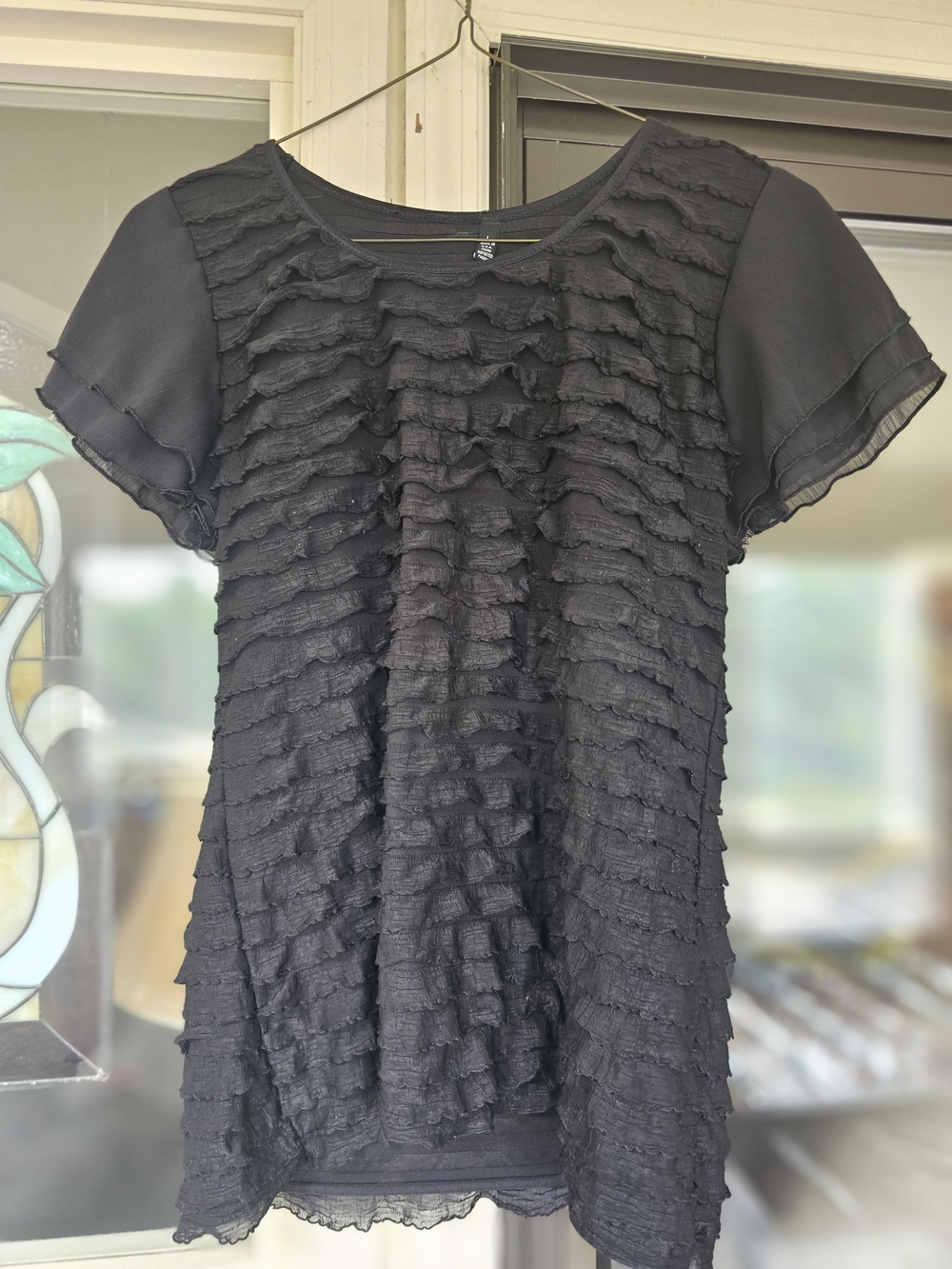 Black Ruffle Front Short Sleeve Women's Top Women's Large
